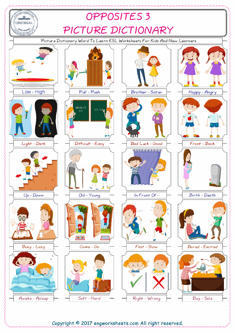  Opposites English Worksheet for Kids ESL Printable Picture Dictionary 